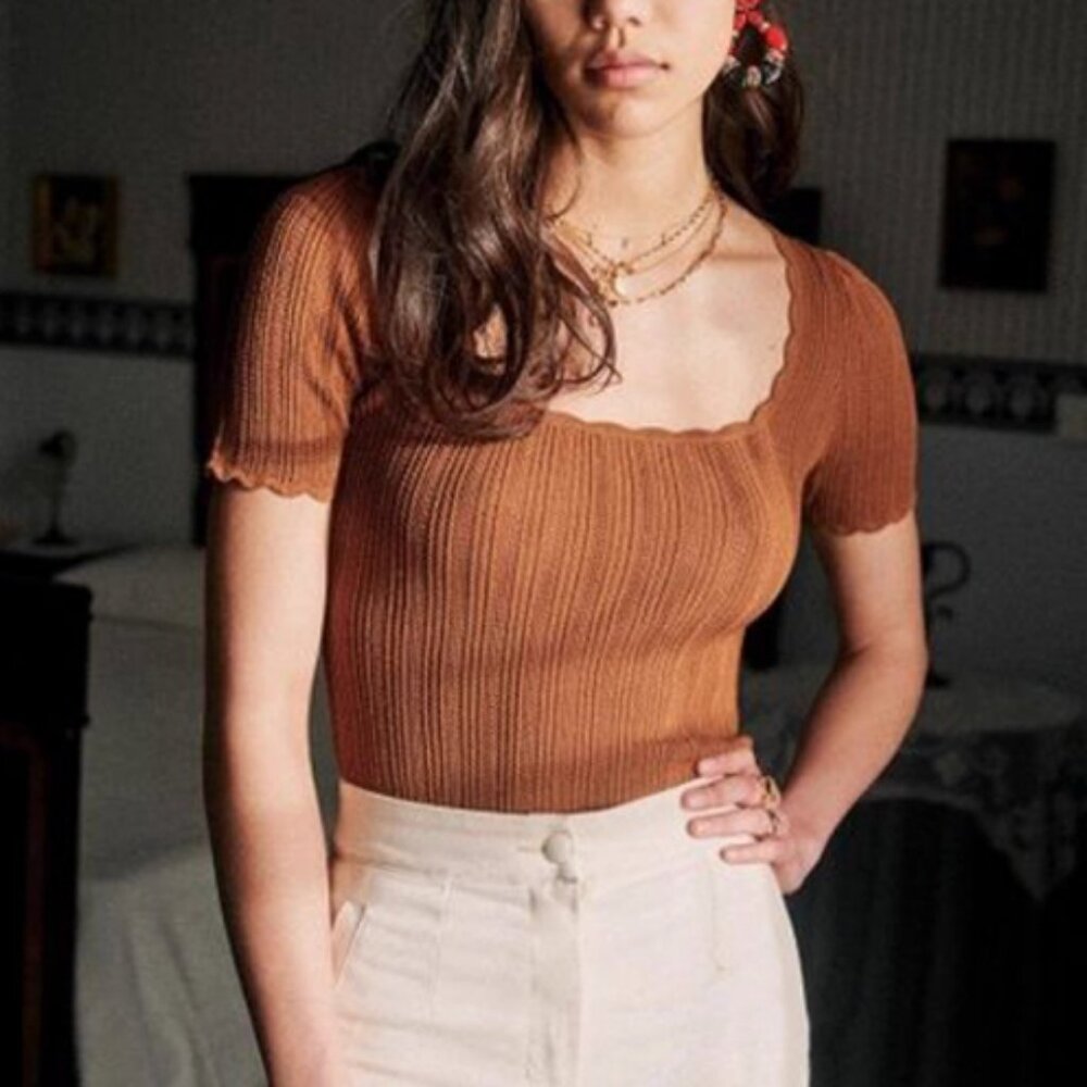 Sezane Knit Chestnut Short Sleeve Top